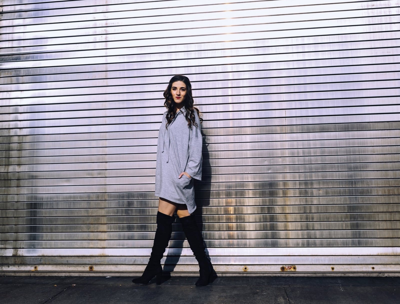 Grey Hooded Sweatshirt Dress with Over-The-Knee Boots — Trendy Sweatshirt Outfits Women