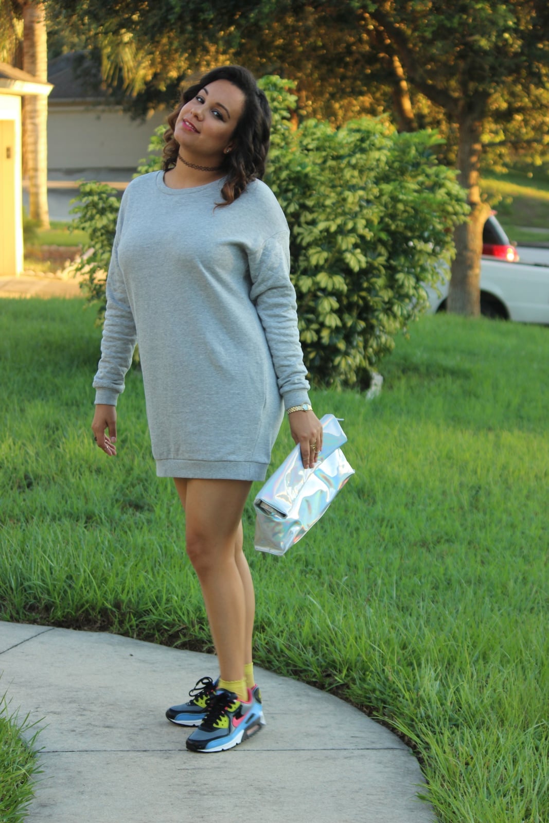 Grey Fleece Sweatshirt Dress with Athletic Sneakers — Trendy Sweatshirt Outfits Women
