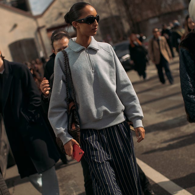 Grey Quarter-Zip Sweatshirt with Navy Pinstripe Trousers — Trendy Sweatshirt Outfits Women
