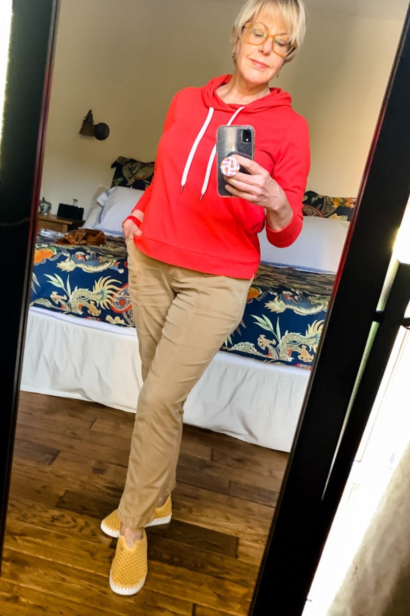 Red Hoodie with Tan Corduroy Pants and Yellow Sneakers — Trendy Sweatshirt Outfits Women
