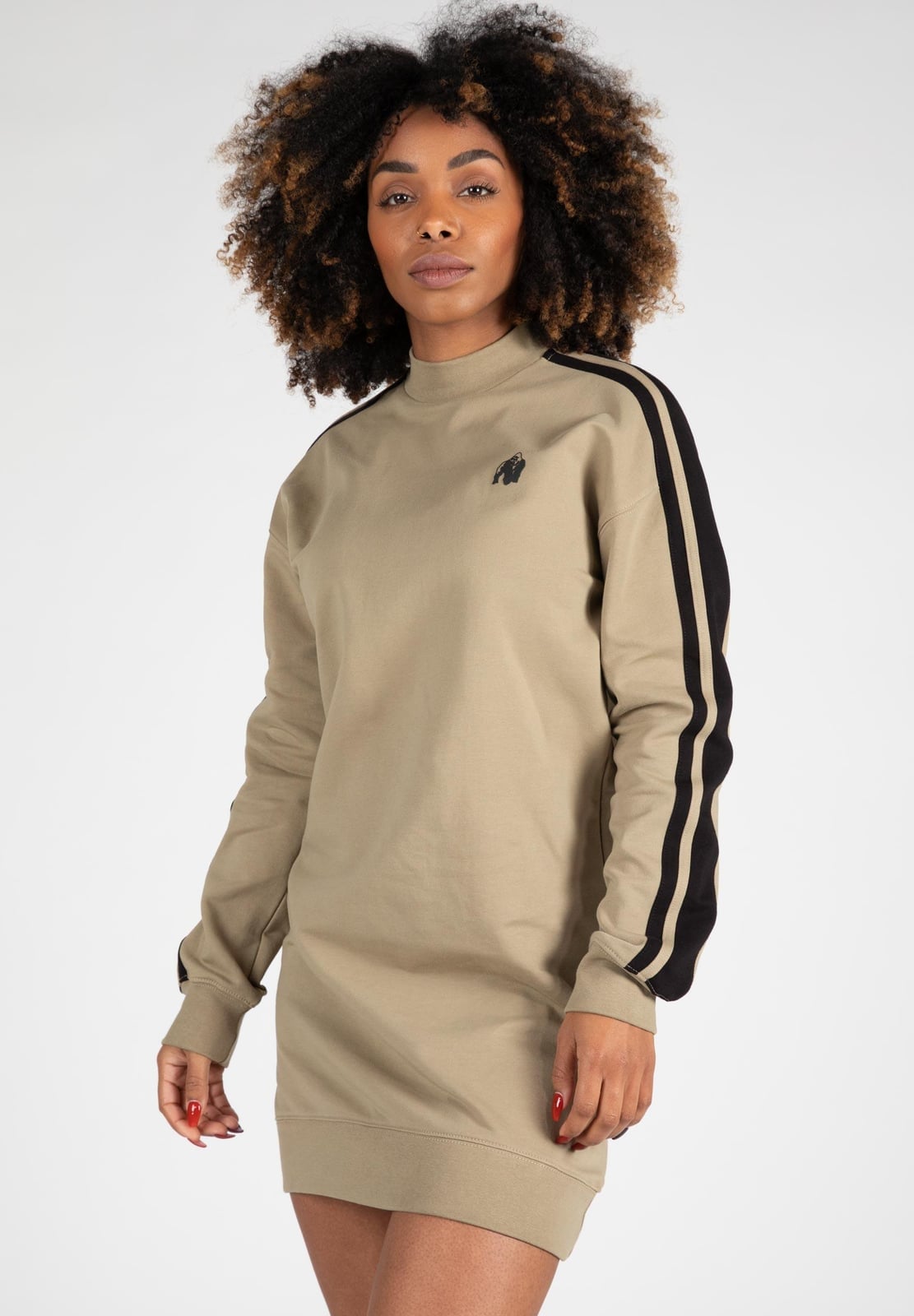 Khaki Sweatshirt Dress with Black Side Stripes — Trendy Sweatshirt Outfits Women