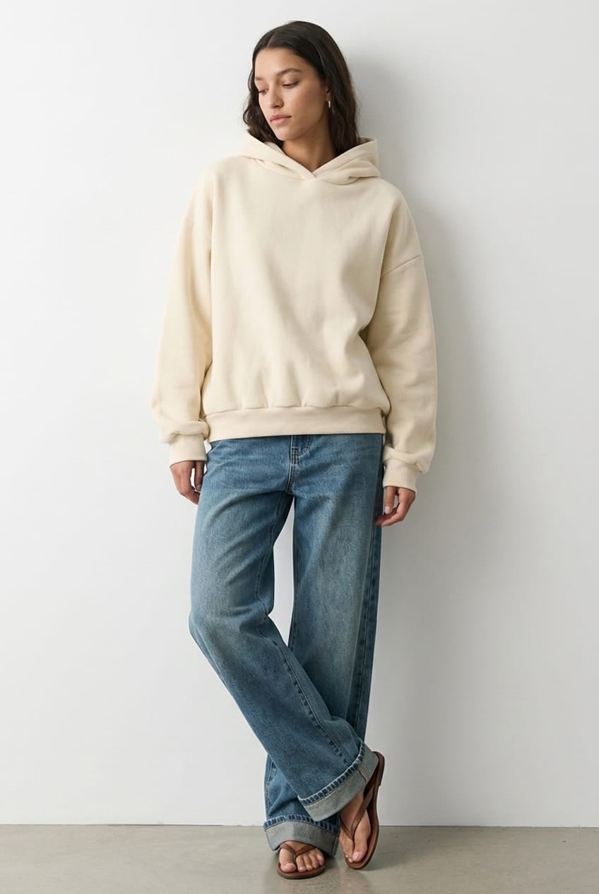 Cream Oversized Hoodie with Relaxed Blue Jeans — Trendy Sweatshirt Outfits Women