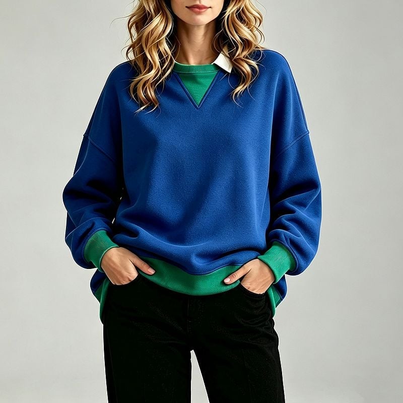 Color Block Sweatshirt with White Collar Detail — Trendy Sweatshirt Outfits Women