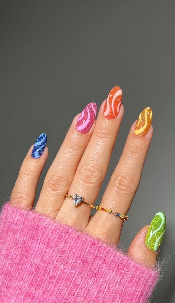 Medium Oval Vibrant Glitter Swirls Medium Oval Vibrant Glitter Swirls — Trendy Swirl Nails