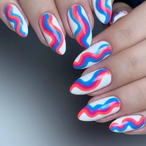 Medium Almond Vibrant Pink Blue Orange Swirls Medium Almond Vibrant Pink Blue Orange Swirls — Trendy Swirl Nails