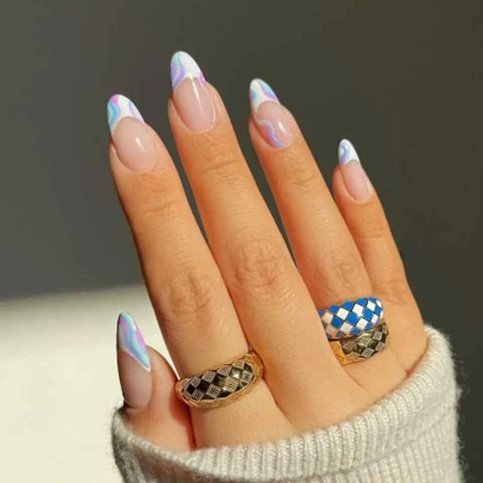 Long Almond French Tip Swirls Long Almond French Tip Swirls — Trendy Swirl Nails