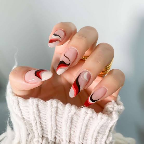 Long Almond Red Black White Swirls Long Almond Red Black White Swirls — Trendy Swirl Nails