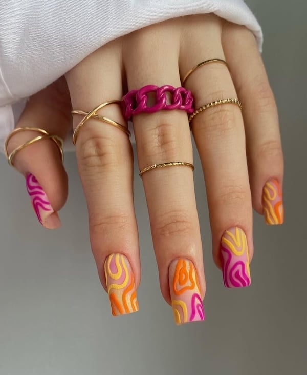 Medium Square Pink Orange Yellow Swirls Medium Square Pink Orange Yellow Swirls — Trendy Swirl Nails