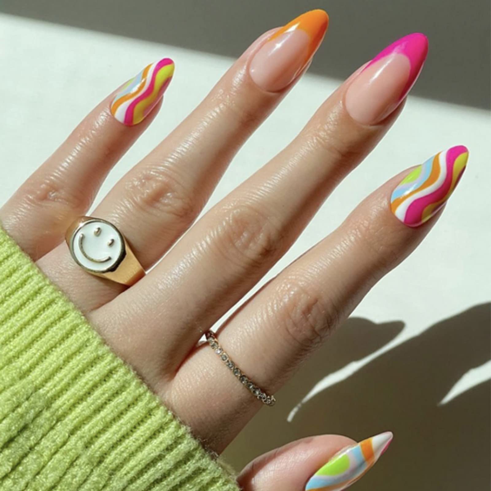Almond French Tip Abstract Swirls, Glossy Almond French Tip Abstract Swirls, Glossy — Trendy Swirl Nails