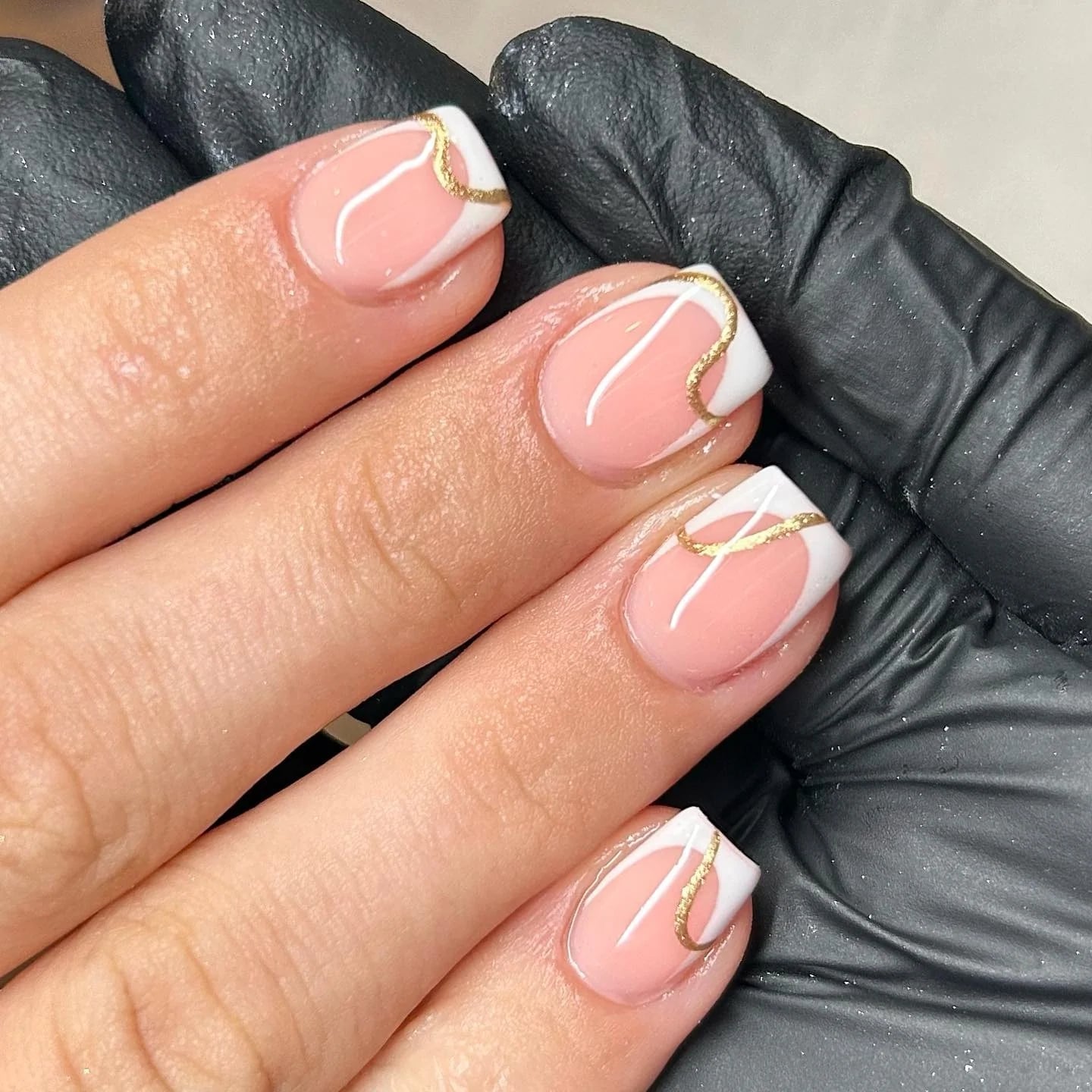 Short Square Pink White Gold Swirls Short Square Pink White Gold Swirls — Trendy Swirl Nails