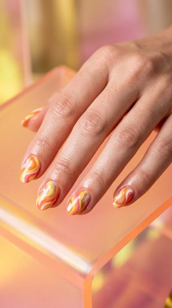 Short Oval Marbled Orange Yellow Swirls Short Oval Marbled Orange Yellow Swirls — Trendy Swirl Nails