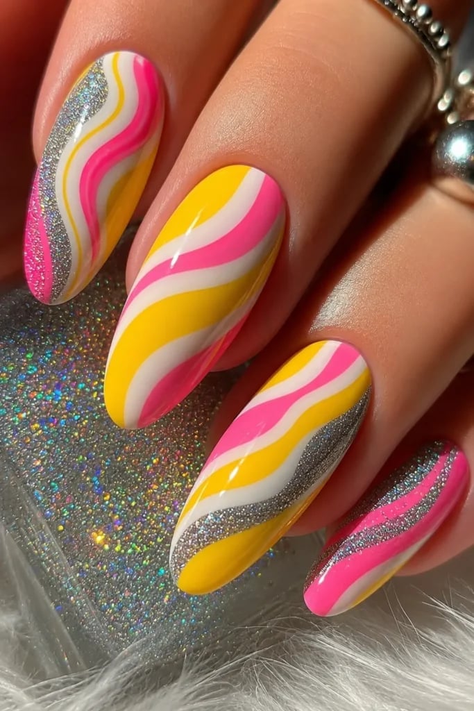 Yellow Hot Pink Glitter Swirls Yellow Hot Pink Glitter Swirls — Trendy Swirl Nails