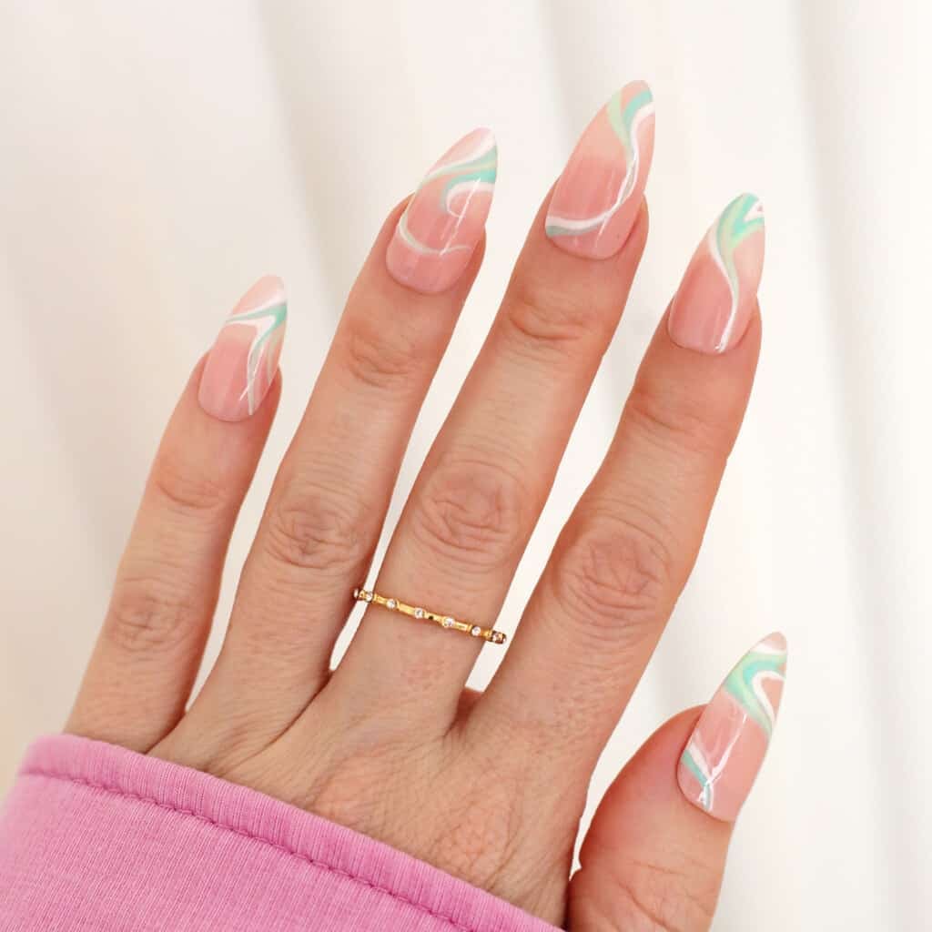 Long Almond Mint White Swirls Long Almond Mint White Swirls — Trendy Swirl Nails