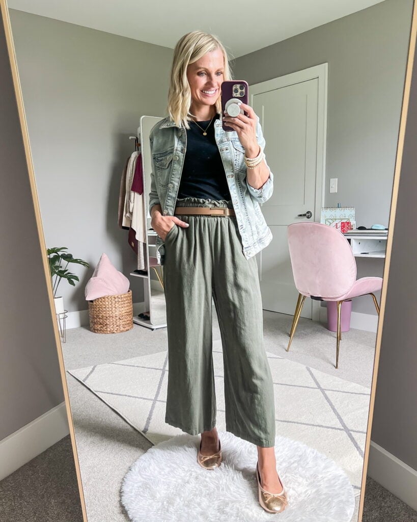 Olive Green Linen Trousers with Denim Jacket Olive Green Linen Trousers with Denim Jacket — Trendy Teacher Outfits Elementary
