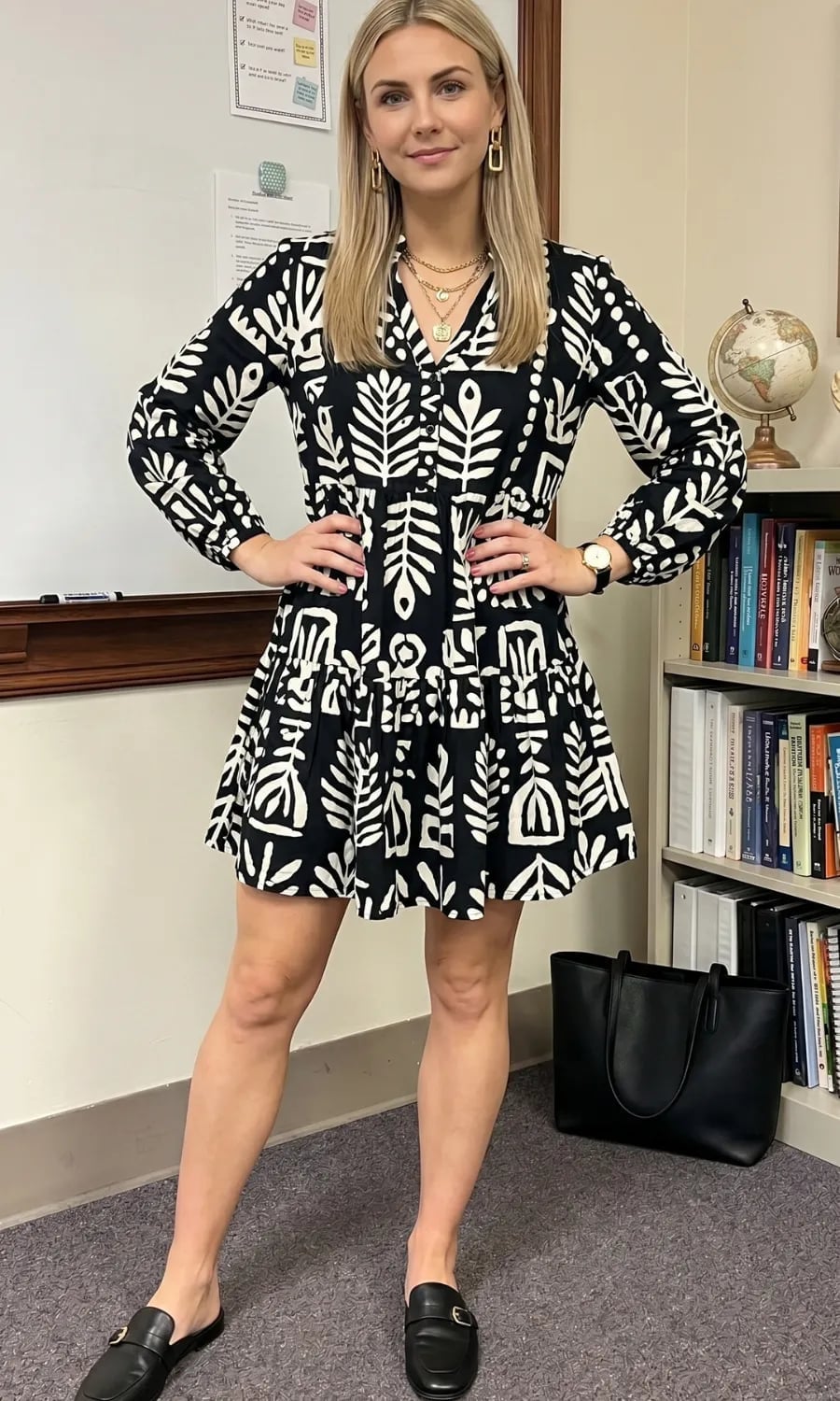 Printed Fit-and-Flare Dress with Loafers Printed Fit-and-Flare Dress with Loafers — Trendy Teacher Outfits Elementary