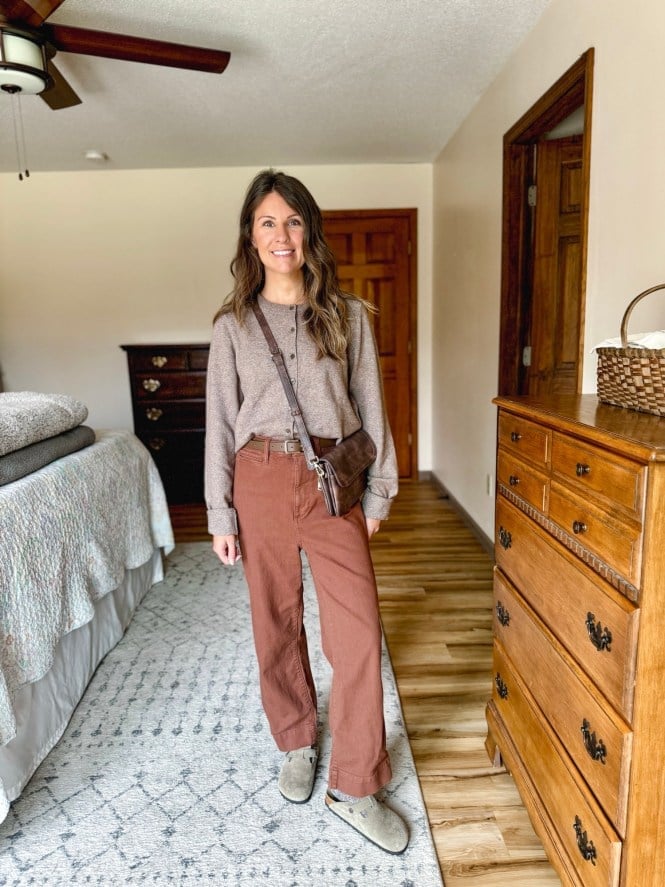 Rust Wide-Leg Trousers with Button-Up Cardigan Rust Wide-Leg Trousers with Button-Up Cardigan — Trendy Teacher Outfits Elementary