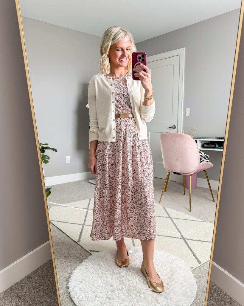 Patterned Midi Dress with Cardigan and Belt Patterned Midi Dress with Cardigan and Belt — Trendy Teacher Outfits Elementary