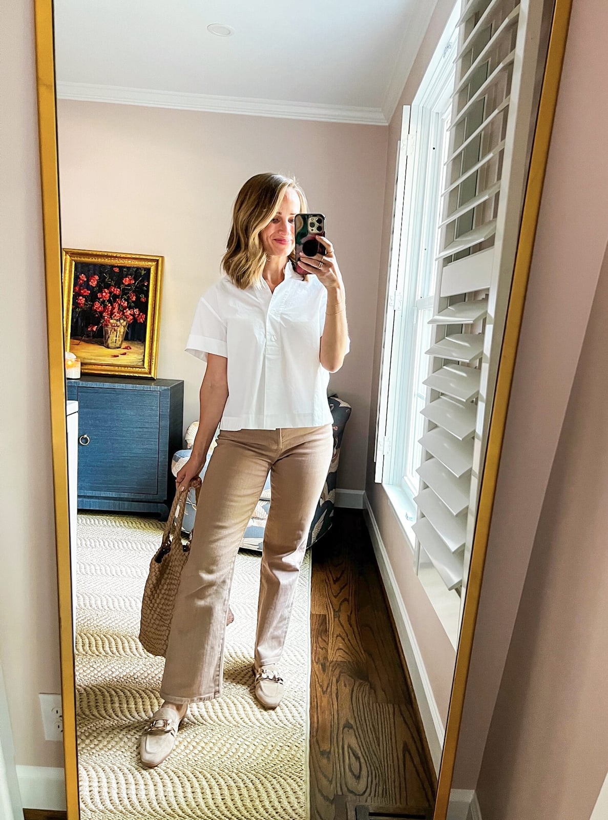 White Button-Up Shirt with Wide-Leg Trousers and Beige Loafers White Button-Up Shirt with Wide-Leg Trousers and Beige Loafers — Trendy Teacher Outfits Elementary
