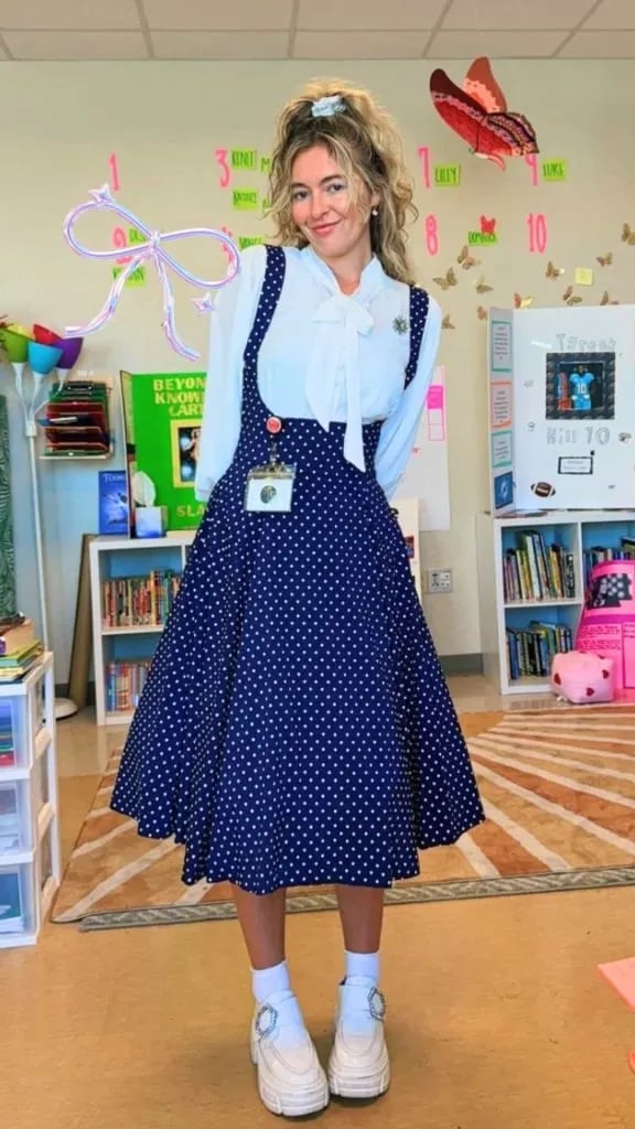 Polka Dot Pinafore Dress with Pussy Bow Blouse Polka Dot Pinafore Dress with Pussy Bow Blouse — Trendy Teacher Outfits Elementary