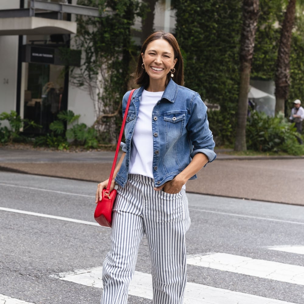 Denim Jacket with Striped Trousers and Sneakers Denim Jacket with Striped Trousers and Sneakers — Trendy Teacher Outfits Elementary