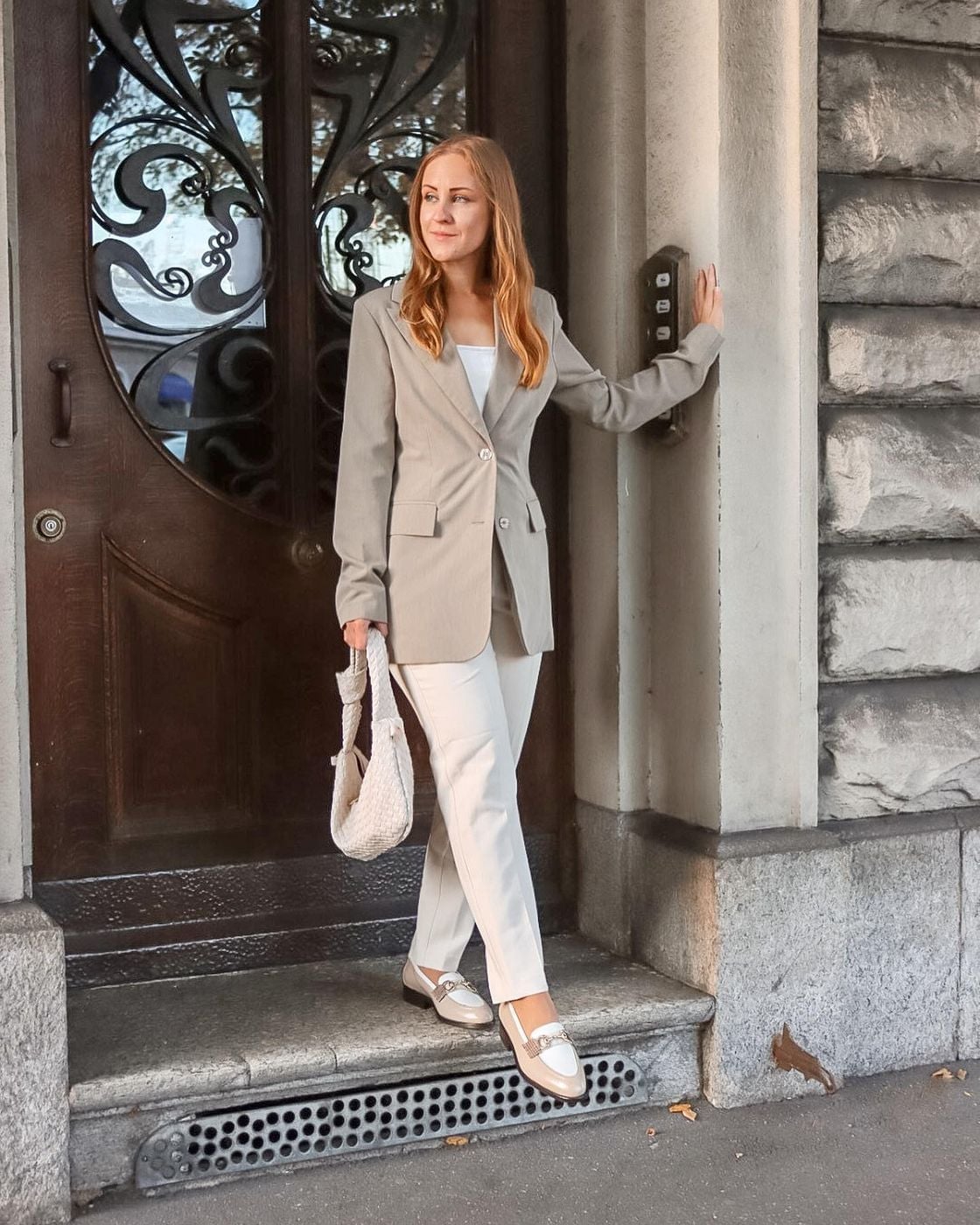 Relaxed Beige Blazer and Matching Trousers Relaxed Beige Blazer and Matching Trousers — Trendy Teacher Outfits Elementary