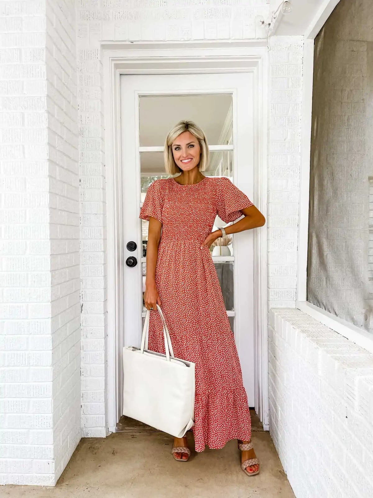 Red Micro-Print Midi Dress for Casual Days Red Micro-Print Midi Dress for Casual Days — Trendy Teacher Outfits Elementary