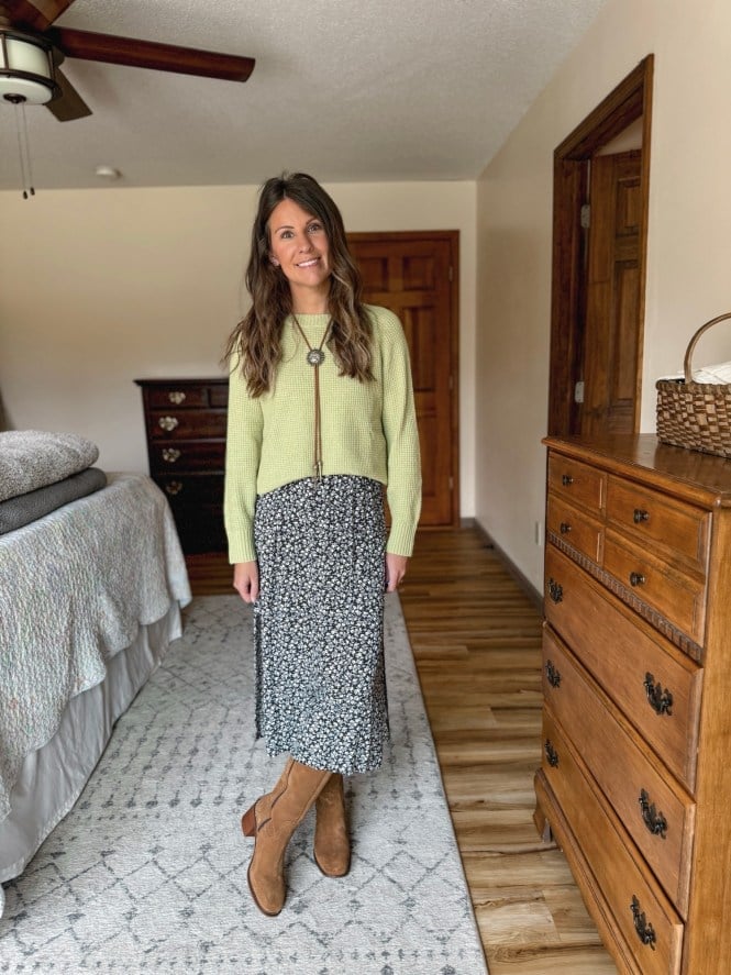 Knit Sweater with Floral Midi Skirt and Boots Knit Sweater with Floral Midi Skirt and Boots — Trendy Teacher Outfits Elementary