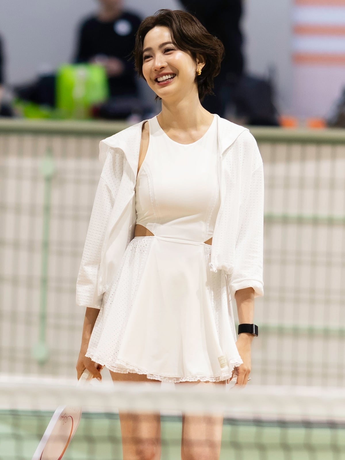 White Tennis Dress with Eyelet Details and Jacket White Tennis Dress with Eyelet Details and Jacket — Trendy Tennis Outfits