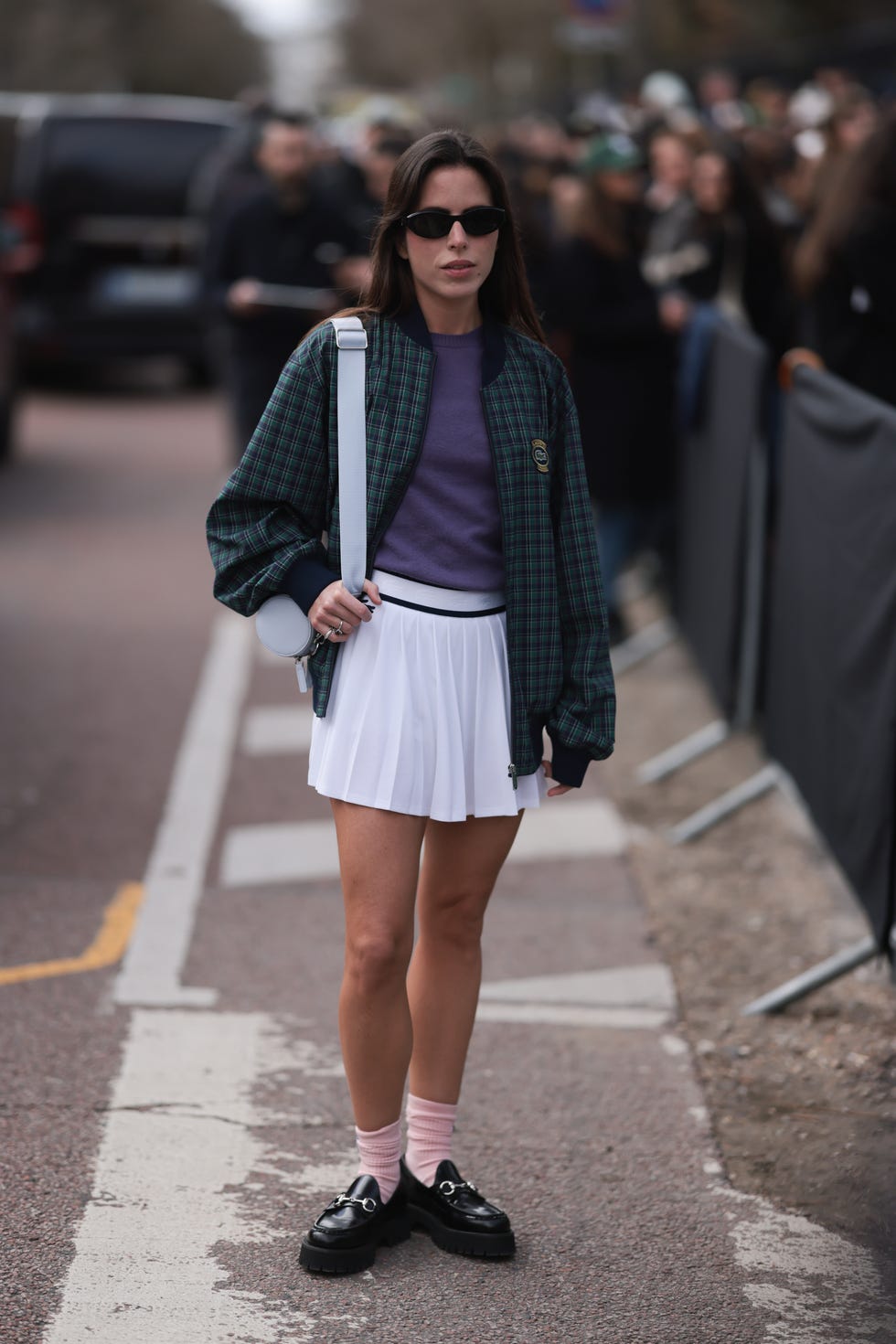 Plaid Bomber Jacket Over a Sweater and Pleated Skirt Plaid Bomber Jacket Over a Sweater and Pleated Skirt — Trendy Tennis Outfits