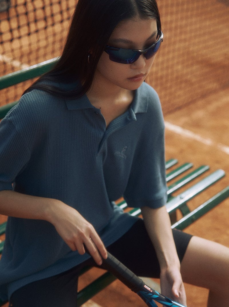 Waffle Knit Polo and Biker Shorts for Casual Tennis Waffle Knit Polo and Biker Shorts for Casual Tennis — Trendy Tennis Outfits