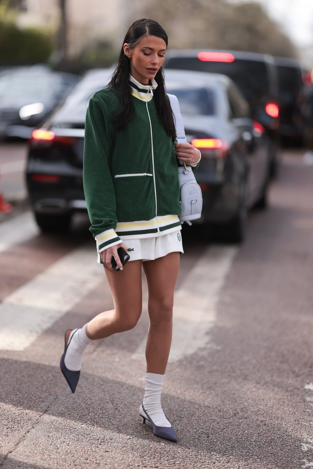 White Tennis Skirt With Green Velour Jacket White Tennis Skirt With Green Velour Jacket — Trendy Tennis Skirt Outfits