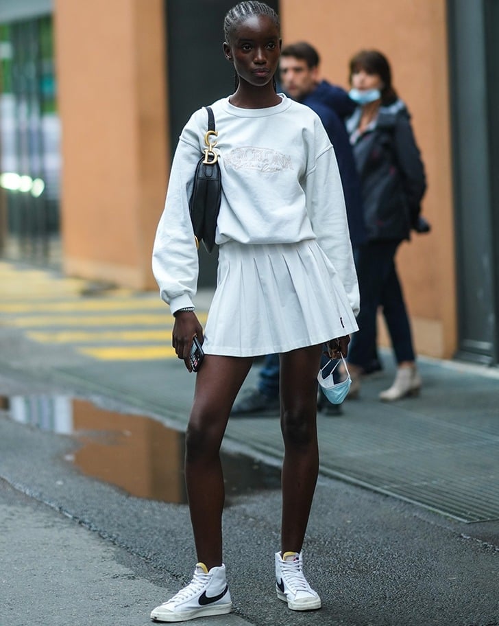 White Tennis Skirt With Oversized Grey Sweatshirt White Tennis Skirt With Oversized Grey Sweatshirt — Trendy Tennis Skirt Outfits