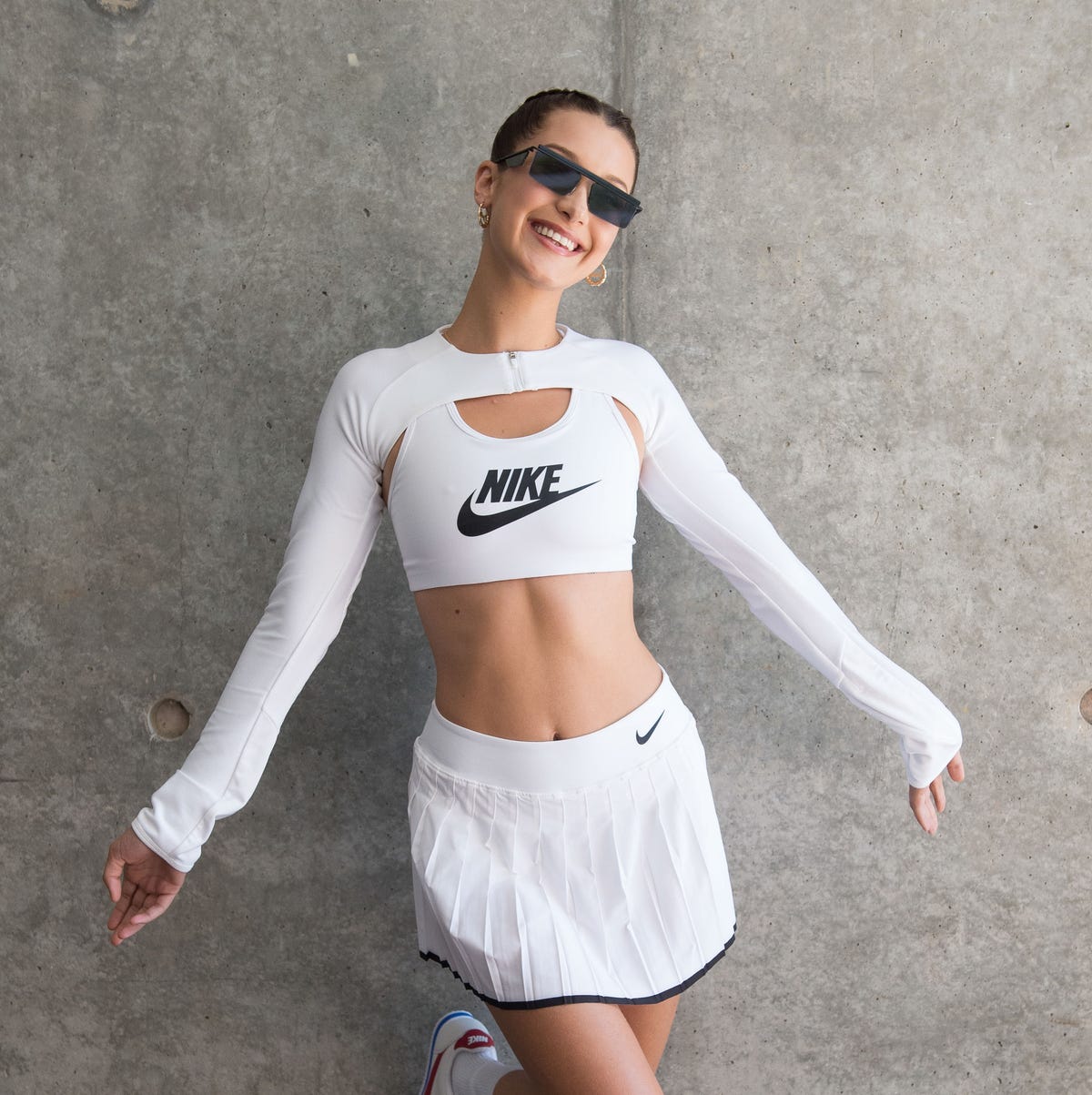 White Tennis Skirt With Cut-Out Top And Sneakers White Tennis Skirt With Cut-Out Top And Sneakers — Trendy Tennis Skirt Outfits