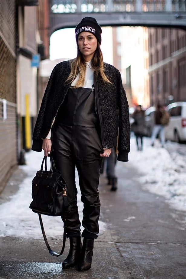 Black Leather Overalls With Bomber Jacket And Beanie — Trendy Tomboy Outfits