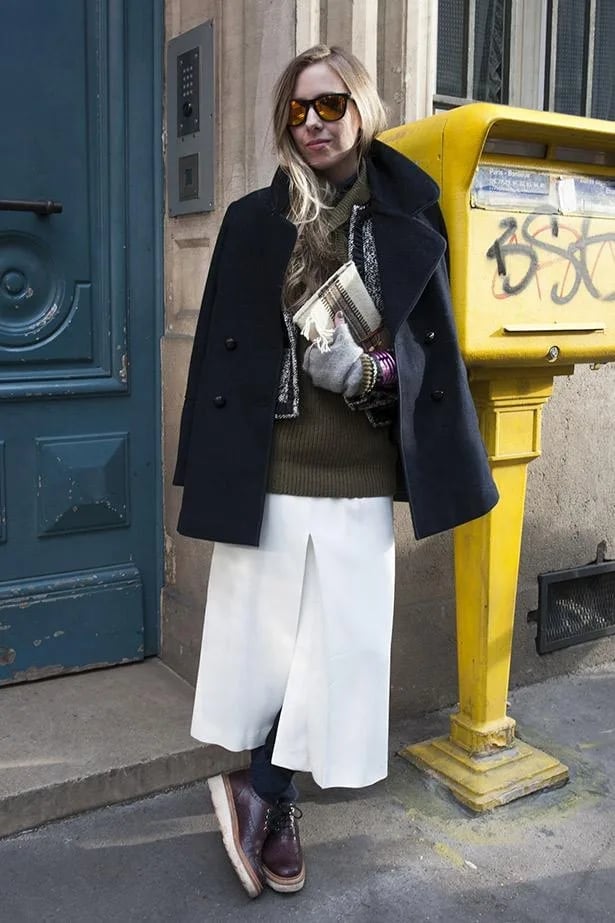 Peacoat Over Sweater With Pleated Skirt And Boots — Trendy Tomboy Outfits
