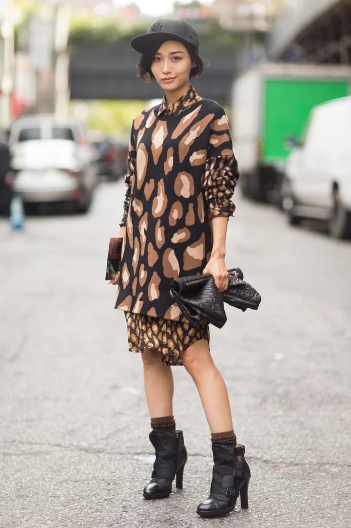 Leopard Print Dress Over Skirt With Black Cap And Boots — Trendy Tomboy Outfits