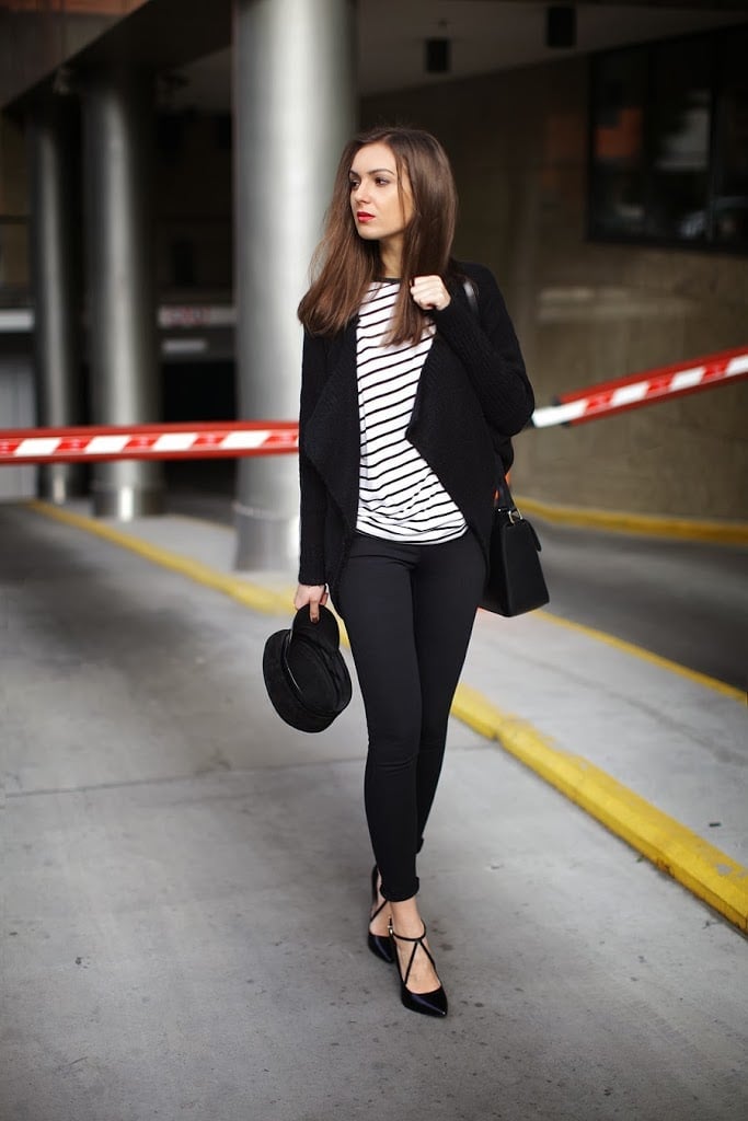 Black Cardigan Over Striped T Shirt With Fitted Trousers — Trendy Tomboy Outfits