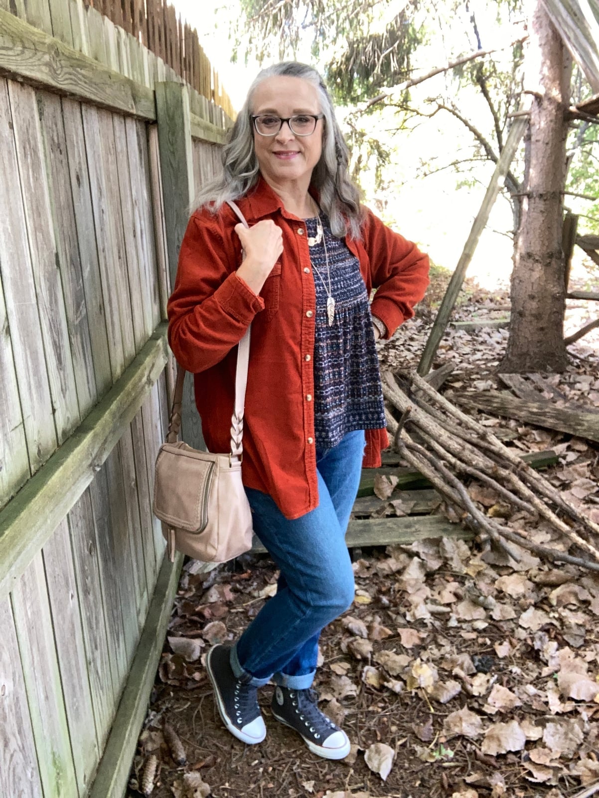 Orange Corduroy Shacket With Blue Jeans And High Tops — Trendy Tomboy Outfits