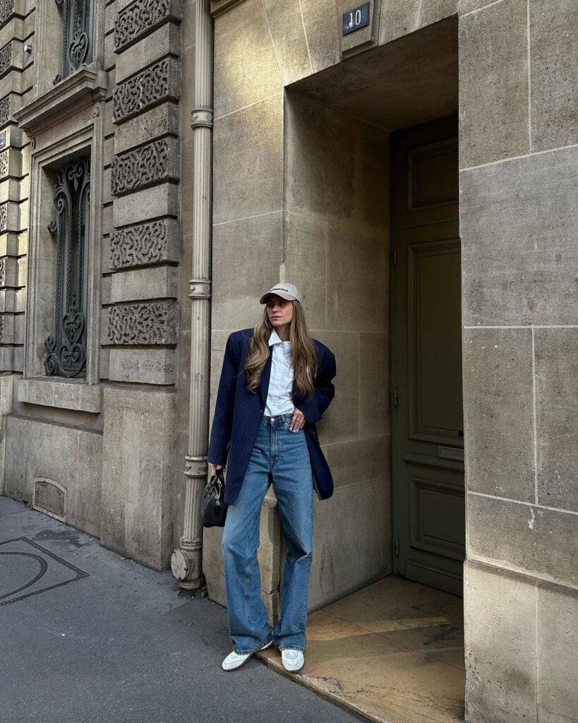 Navy Blazer With White Button Down Shirt And Baggy Jeans — Trendy Tomboy Outfits