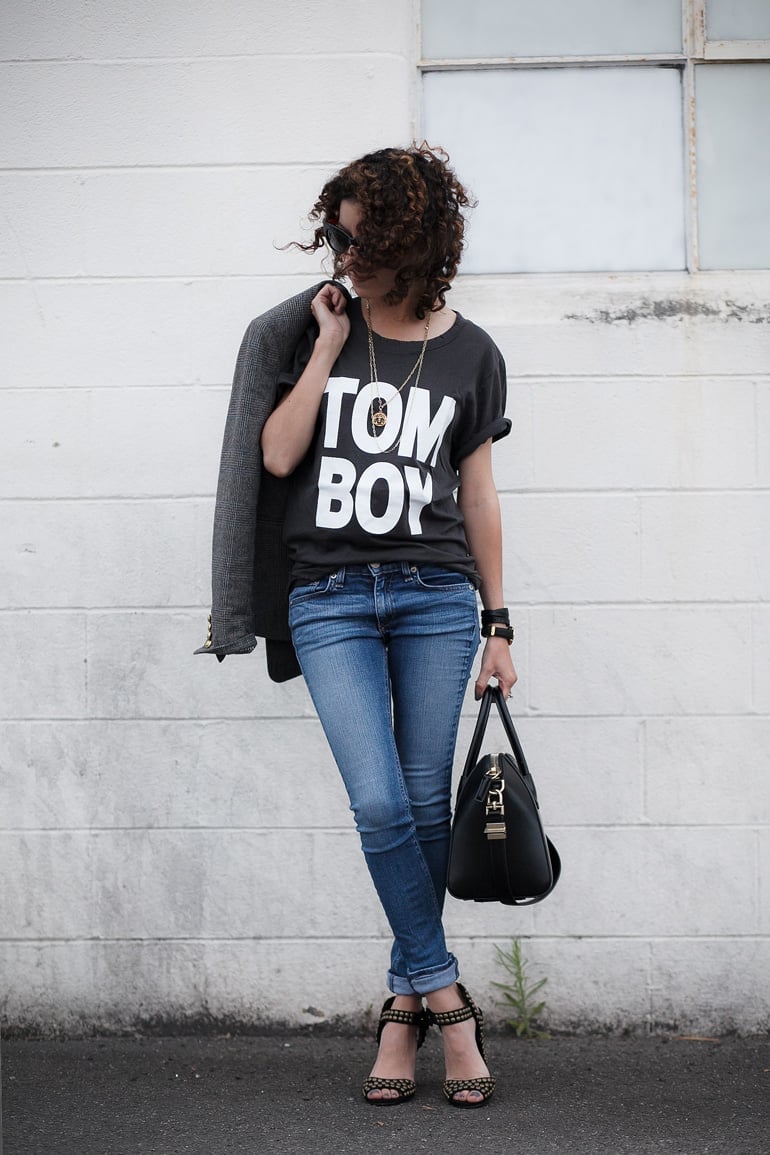 Grey Tweed Blazer With Tomboy Graphic Tee And Fitted Jeans — Trendy Tomboy Outfits
