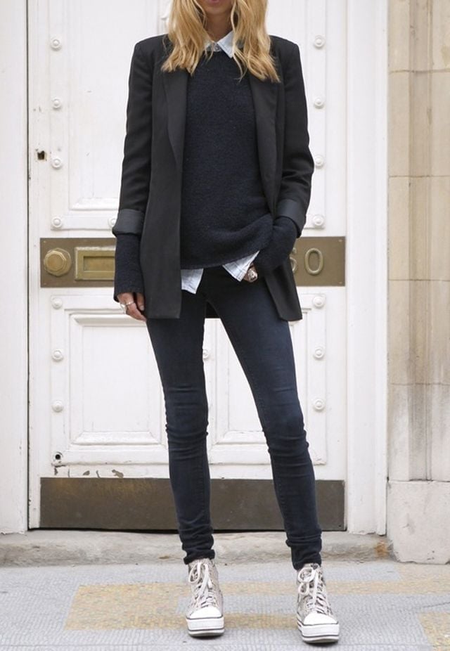 Black Blazer Over Sweater With High Tops And Skinny Jeans, Rings — Trendy Tomboy Outfits