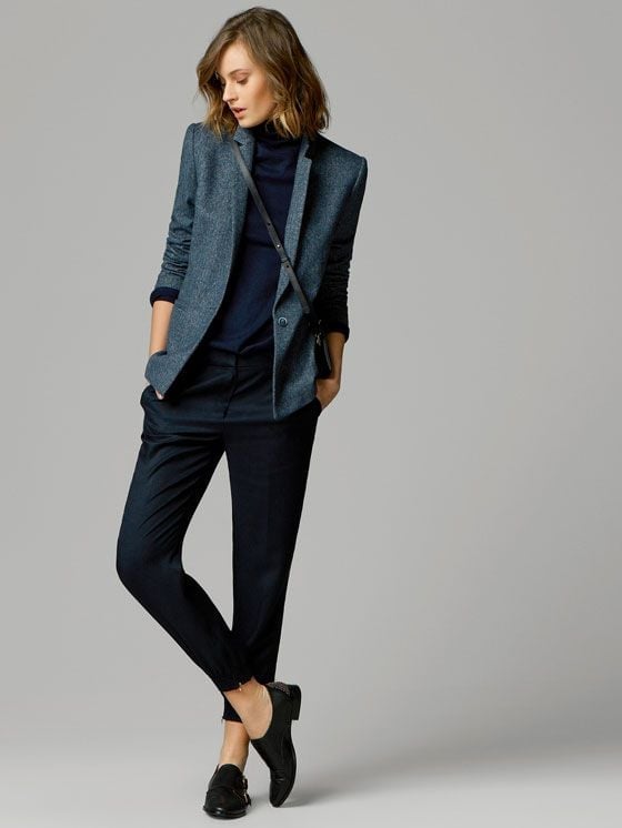 Blue Textured Blazer With Navy Trousers And Loafers — Trendy Tomboy Outfits