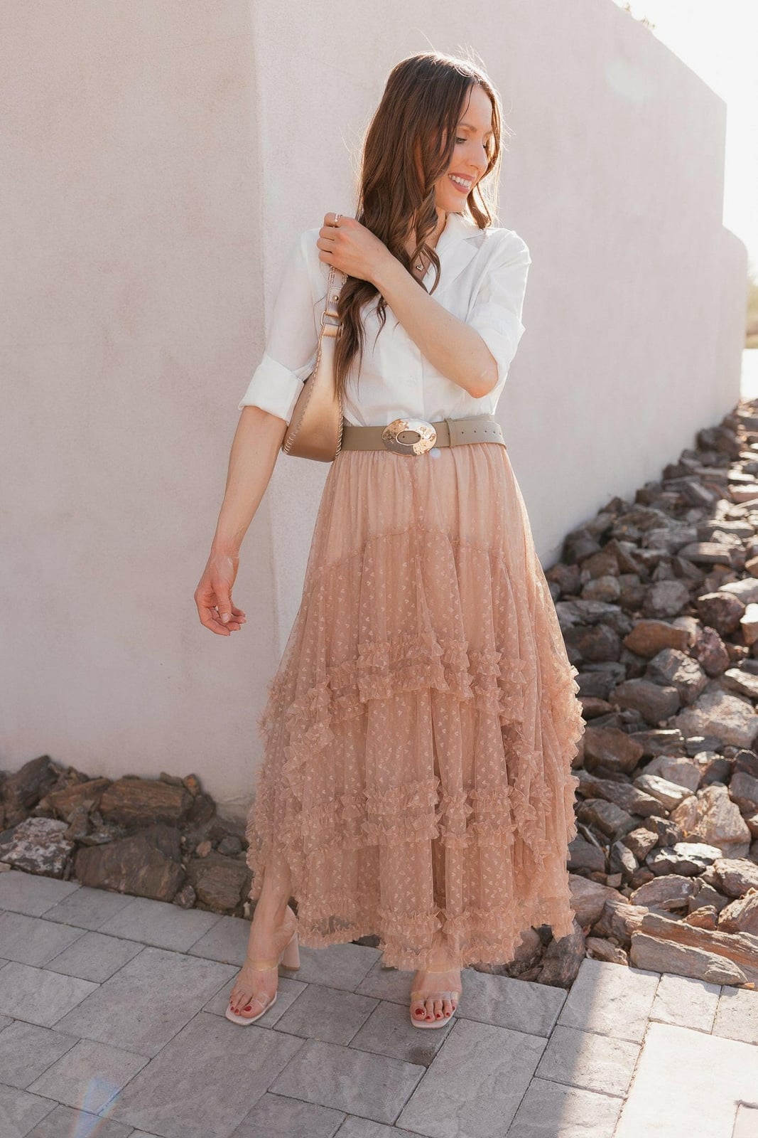 Beige Ruffled Tulle Maxi Skirt Beige Ruffled Tulle Maxi Skirt — Trendy Tulle Skirt Outfits