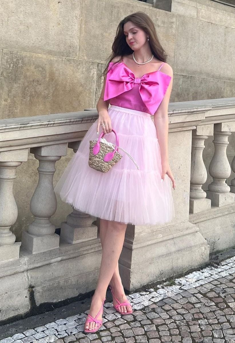 Pink Tiered Midi Tulle Skirt with Bow Top Pink Tiered Midi Tulle Skirt with Bow Top — Trendy Tulle Skirt Outfits