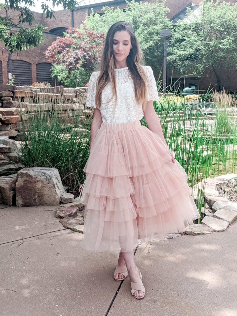 Pale Pink Tiered Tulle Skirt Lace Top Pairing Pale Pink Tiered Tulle Skirt Lace Top Pairing — Trendy Tulle Skirt Outfits