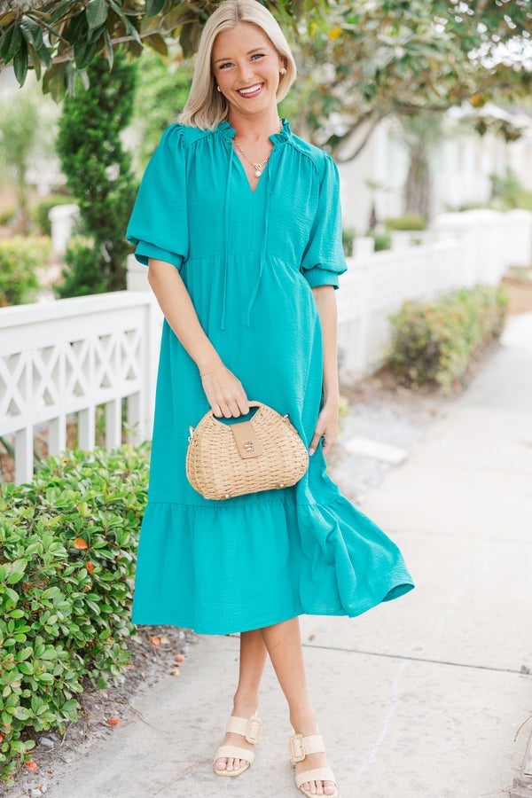 Vibrant Turquoise Midi Dress with Tie-Neck and Puff Sleeves Vibrant Turquoise Midi Dress with Tie-Neck and Puff Sleeves — Trendy Turquoise Dress