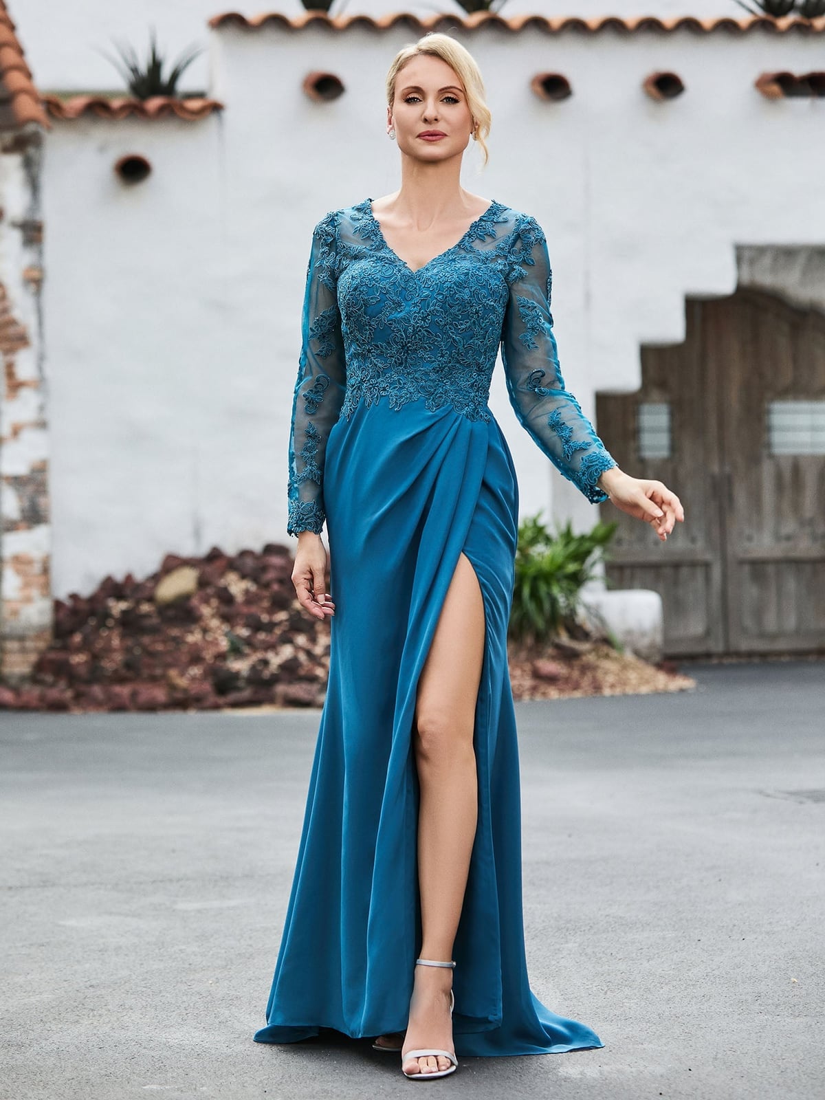 Deep Teal Chiffon Dress with Lace Detailing and High Slit Deep Teal Chiffon Dress with Lace Detailing and High Slit — Trendy Turquoise Dress