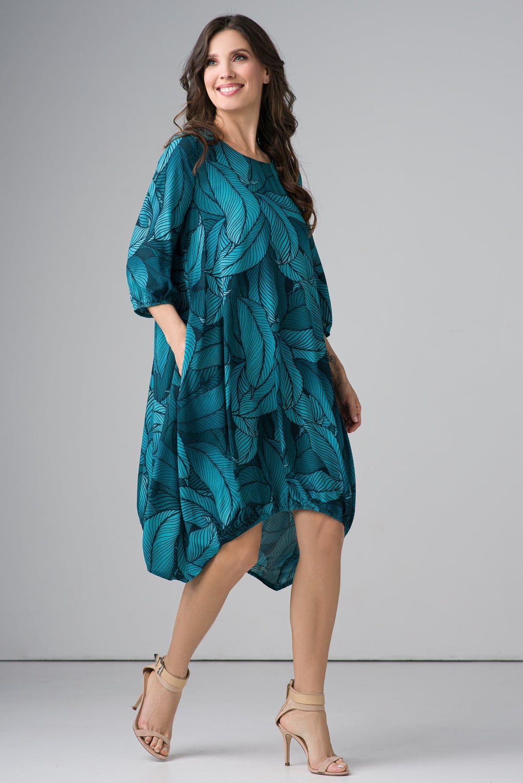Teal and Dark Green Leaf Print Dress with Balloon Hem Teal and Dark Green Leaf Print Dress with Balloon Hem — Trendy Turquoise Dress