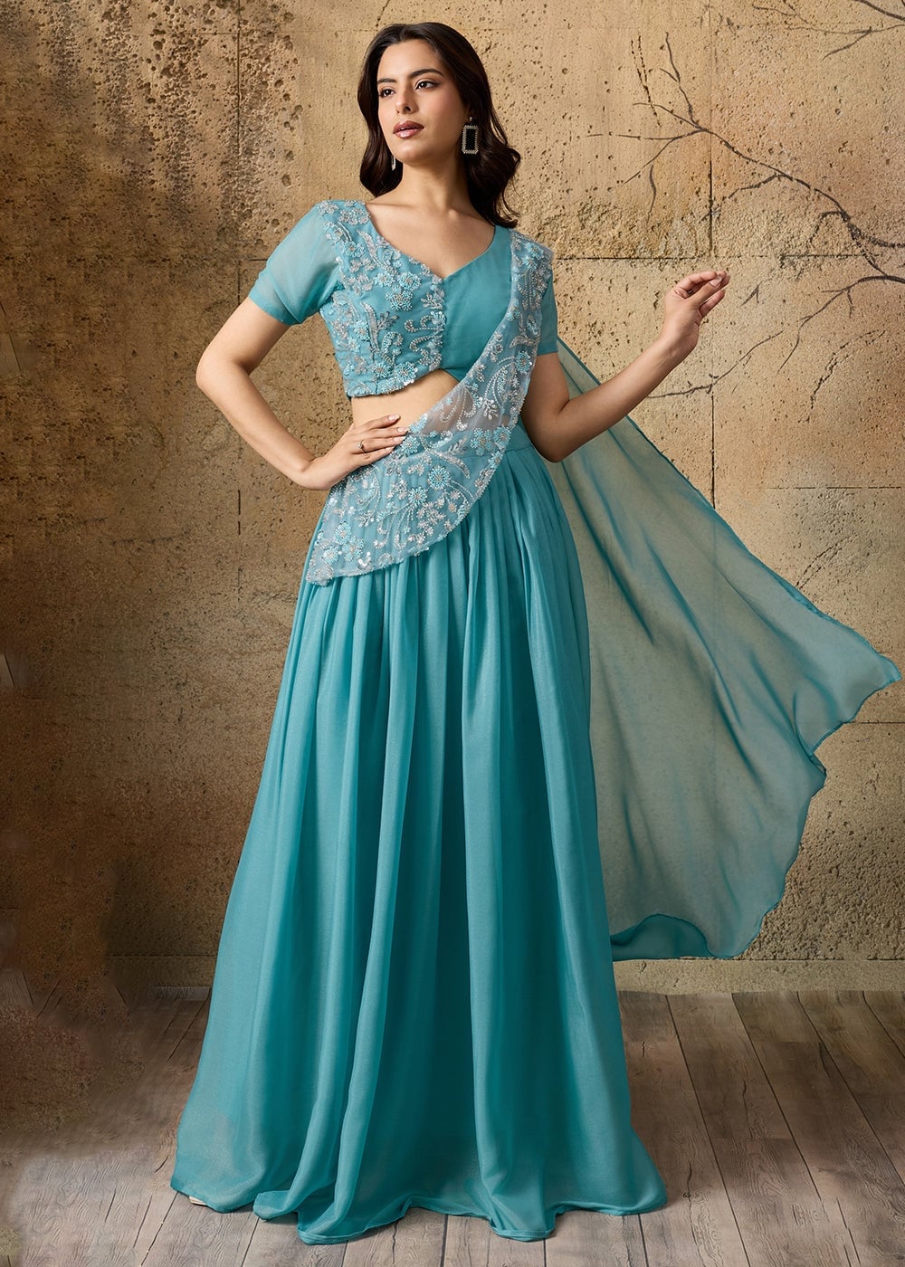 Turquoise Indo-Western Dress with Embellished Overlay Turquoise Indo-Western Dress with Embellished Overlay — Trendy Turquoise Dress