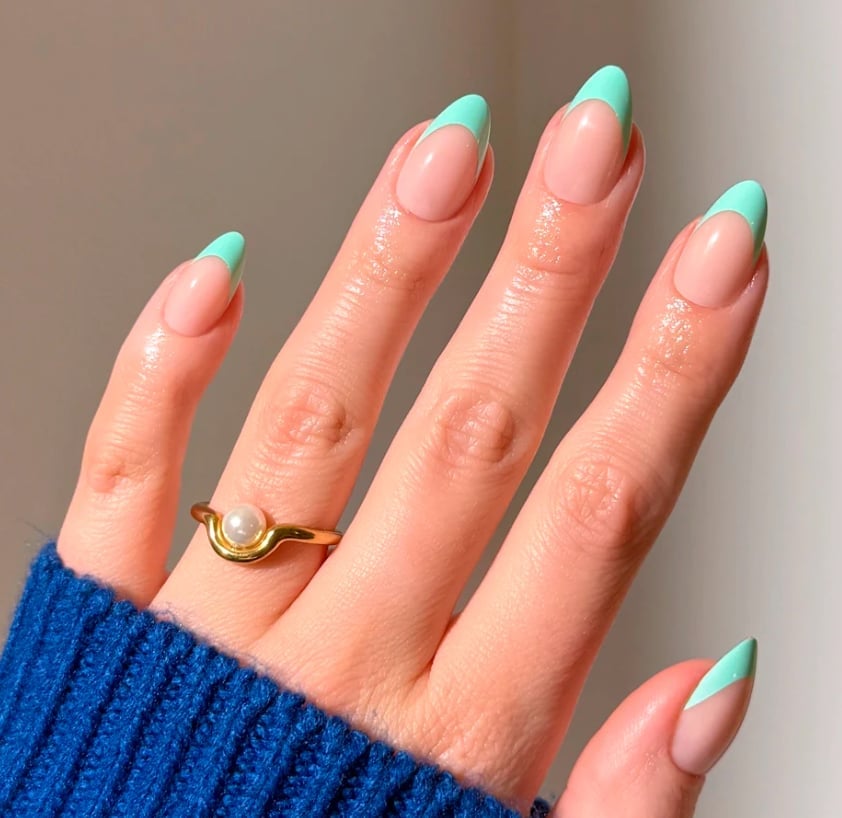 Nude Base With Turquoise French Almond Nails Nude Base With Turquoise French Almond Nails — Trendy Turquoise Nails